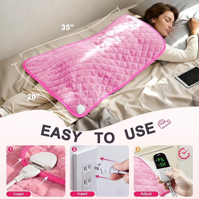 Heating Pad for Back Pain & Period Cramps - King Size 35"x20" Electric Heating Pad for Neck and Shoulder, Adjustable Temperature Settings with Timer Auto Shut-Off, Machine Washable, Soft Velvet (Pink)