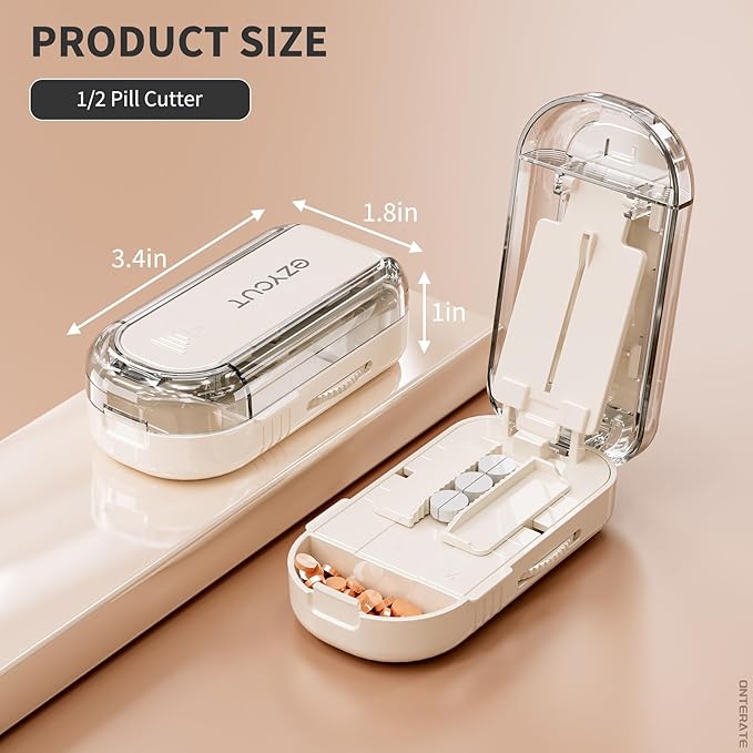 Pill Cutter Splitter for Small & Large Pills, Adjustable Pill Splitter with Safety Guard Hidden Stainless Steel Blade, Travel Tablet Vitamin Cutter Cutting into 1/2 (Cream)