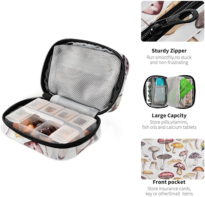 Travel Pill Case Mushrooms Pattern Weekly Small Pill Box 7 Day Pill Box Pill Organizer Bag