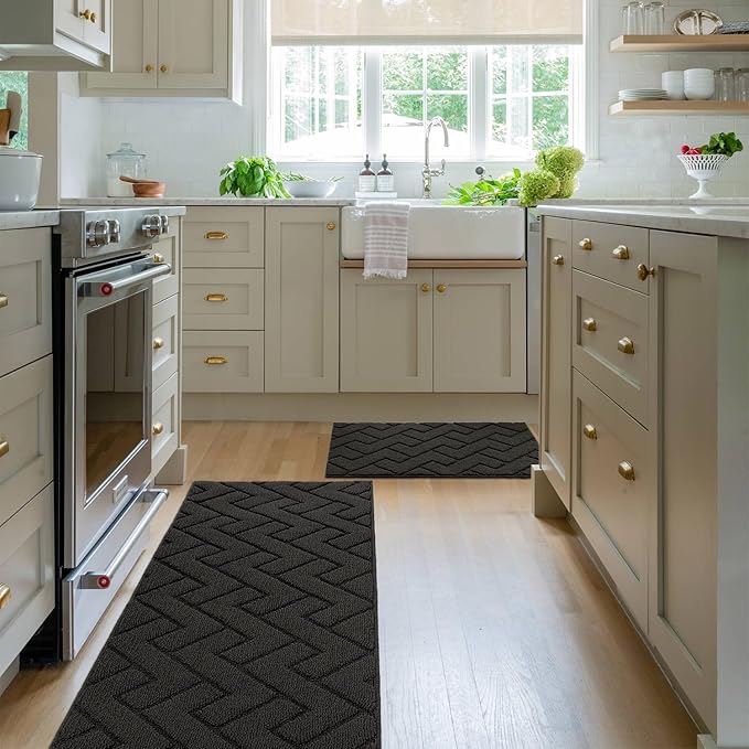 hicorfe Kitchen Rugs and Mats Sets,2 Pieces Super Absorbent Polypropylene Non-Slip Rug,Soft Comfort Floor Mat,Machine Wash for Kitchen,Hallway,Office,Sink,Laundry(20" x 32"+20" x 48",Charcoal)