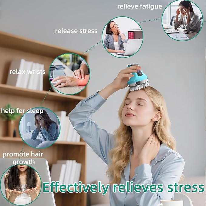 Electric Head Massager, Cordless Portable Body Massage for Deep Relaxation,108 Kneading Nodes Soft Silicone Massage Claws, Waterproof Scalp Cleaning, 4 Modes, Gift for Men Women, Blue