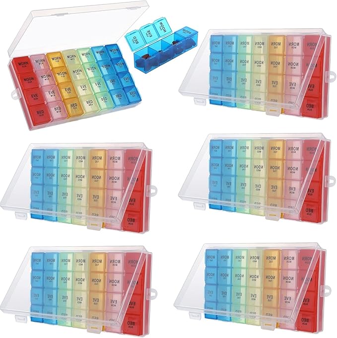 JMIATRY 6 Pack 7 Day Pill Organizer 4 Times a Day Large Weekly Pill Organizer 28 Compartment Daily Medicine Pill Box 7 Day Pill Container Holder to Hold Fish Oils, Vitamin (8.2 x 4.9 x 1.2 Inch)
