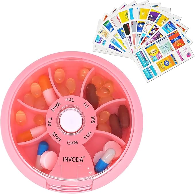 INVODA Weekly Pill Organizer with 77 Pre-Cut Medication Labels – 7 Compartment Rotating Medicine Box Daily Pill Case for Vitamins, Fish Oil & Prescriptions – BPA-Free Plastic – Compact Travel Size