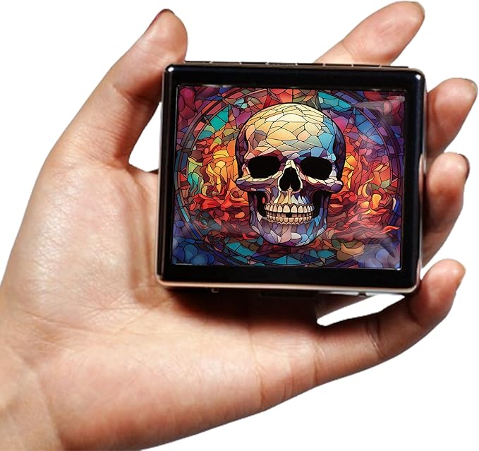 Silver Vintage Pill Box 7 Day Metal Pill Box with Mirror and 8 Compartments Cute Travel Pill Organizer for Purse (Stained Glass Colorful Skull)