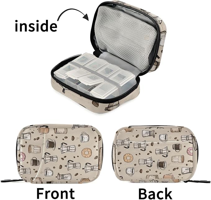 Beige Donut Coffee Cups and Moka Pots Travel Pill Organizer Case Box Container Weekly Portable Vitamin Medicine Holder Storage Bag with Zipper Removable
