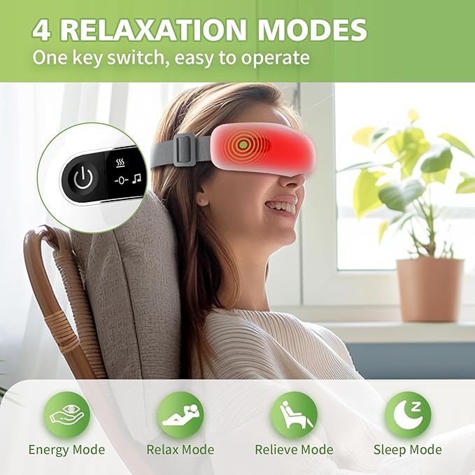 NOWWISH Eye Massager with Heat, Vibration and Bluetooth Music for Migraine Headache Eye Strain Relief, Heated Eye Mask with 4 Massage Modes, Relaxation -Mothers Day Gifts for Mom Wife -White
