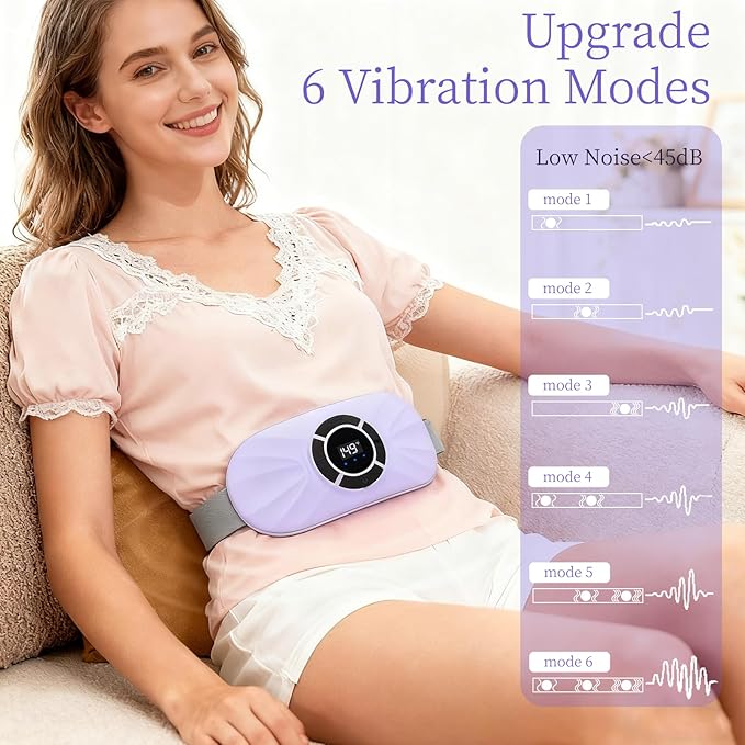 Portable Heating Pad for Period Cramps Relief Vibrating Menstrual Heating Belt for Women, Rechargeable Fast Heat with 6 Heat Levels and 6 Modes for Menstrual, Pain Relief for Back & Stomach (Purple)