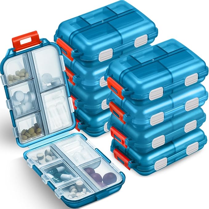 Meekoo 8 Pcs Travel Pill Organizer Pocket Portable Pill Case Daily Container Small Container Medicine Travel with 10 Compartments for Purse Fish Oil Medicine(Sky Blue)