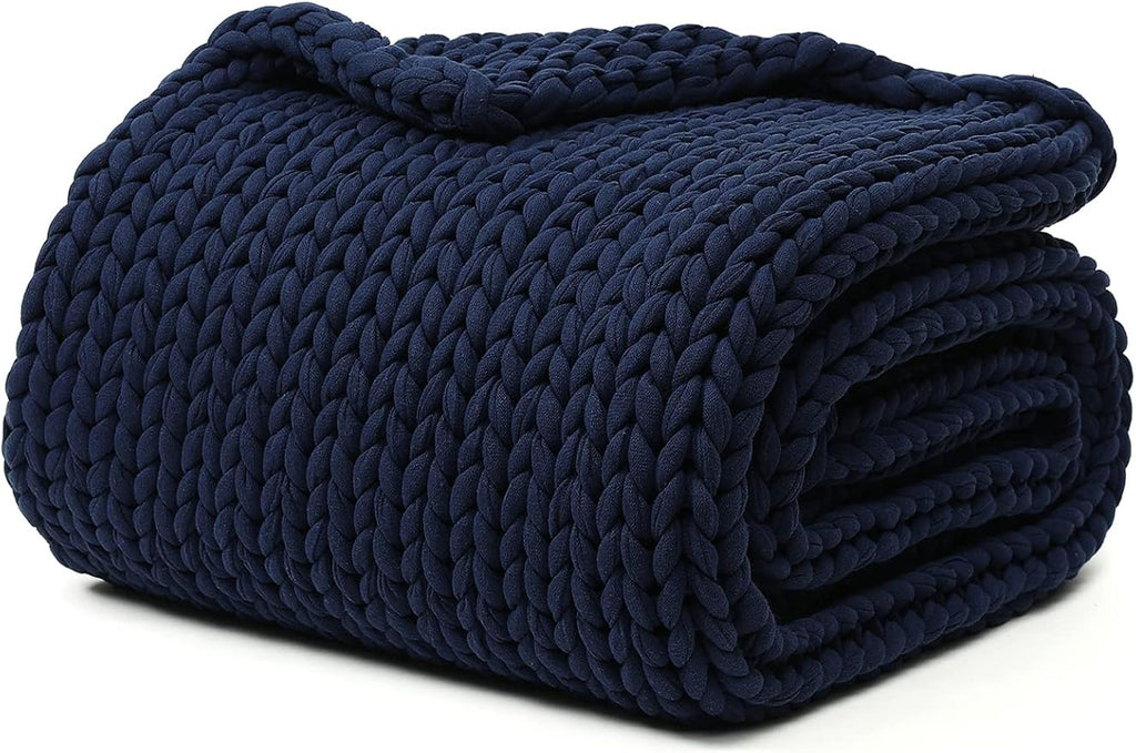 YnM 100% Cotton Weighted Blanket, Handmade Chunky Knitted Throw, No fillers Design, Soft and Breathable, Machine Washable Bed Blanket for Sleep or Home Decor (Navy Blue, 50x60 Inch, 15lbs)