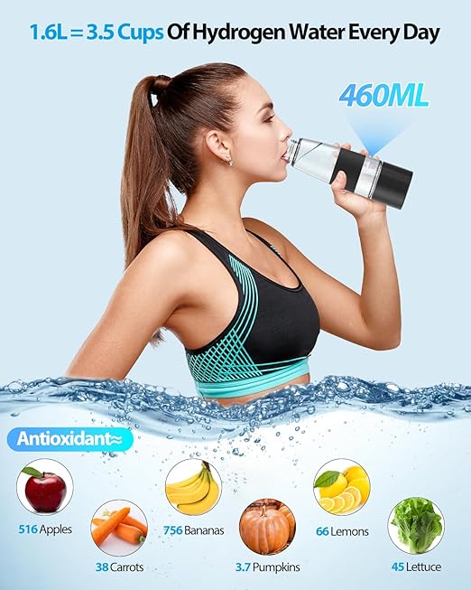 Hydrogen Water Bottle 3300+ PPB, 460ML/16.23OZ Rapid Hydrogen Water Generator - SPE/PEM Tech, Portable Rechargeable 1200 mAh Hydro Water Machine, for Home Office Travel Fitness Drinking