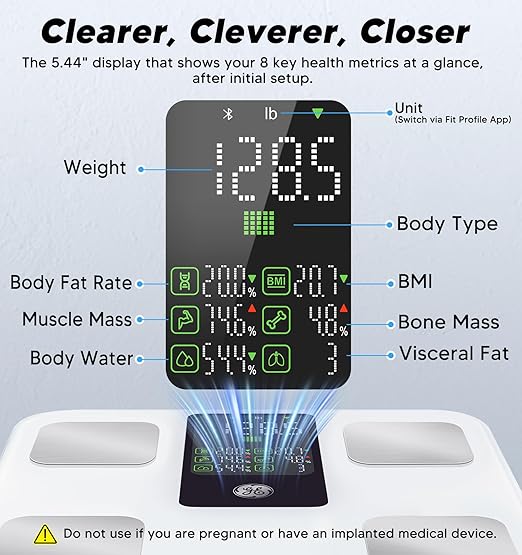 GE Smart Body Weight Scale, with 8-in-1 Display for BMI Body Fat Muscle Mass, Digital Bathroom Bluetooth Scale, 14 Composition Analyzer for Health Monitoring, 11.8", Accurate 400lb Weighing, White