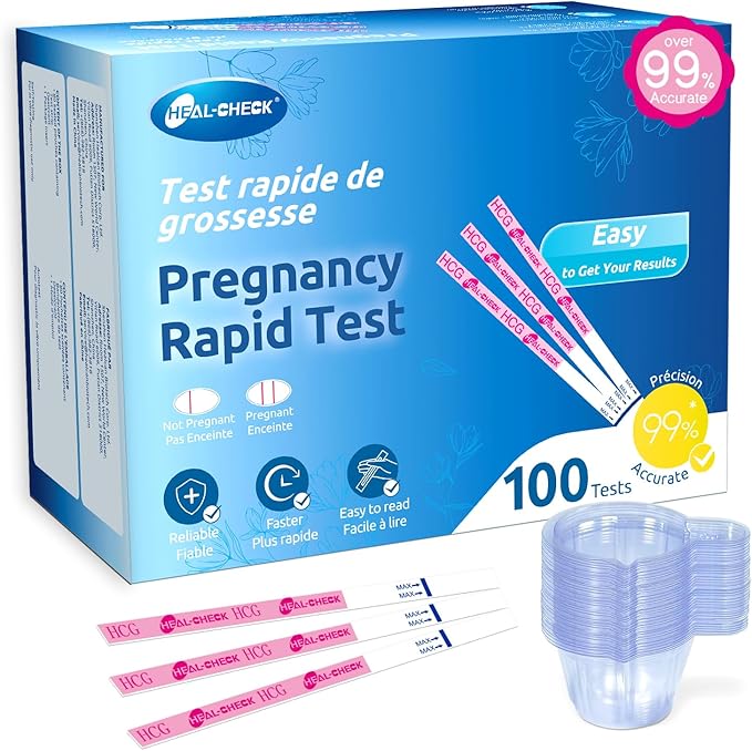 100 Count Pregnancy Tests with Cups, Bulk Pregnancy Test Strips for Detection at Home, Over 99% Accuracy, Individually Wrapped Fertility Tests, Extra-Wide 5mm HCG Tests, Pruebas De Embarazo