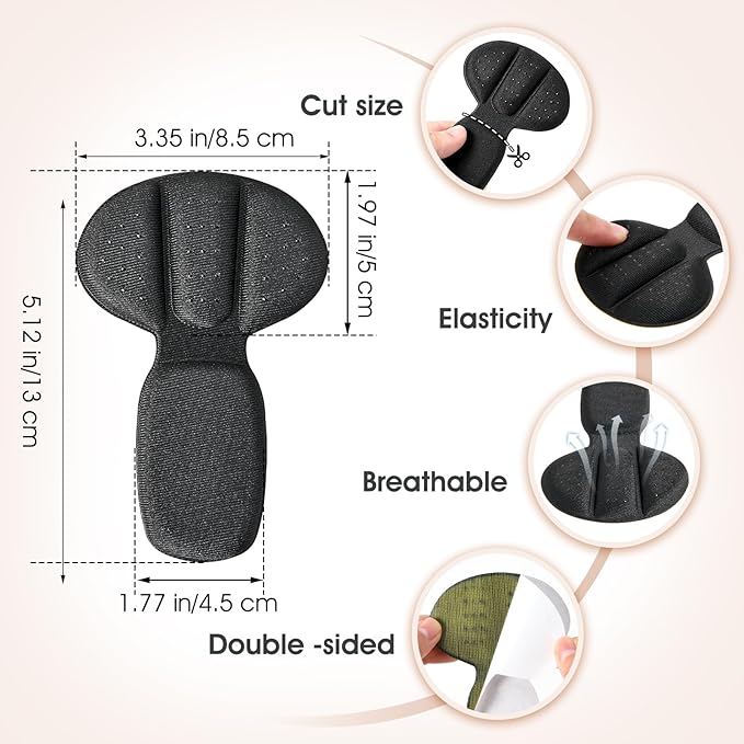 Back of Heel Cushion Pads, 4Pcs Mesh Adhesive Heel Grips Inserts for Boots, Loose Shoes Too Big, Reusable Heel Guards Liners for Women Men, Anti Blister Shoe Liners Heel Protectors (Black)
