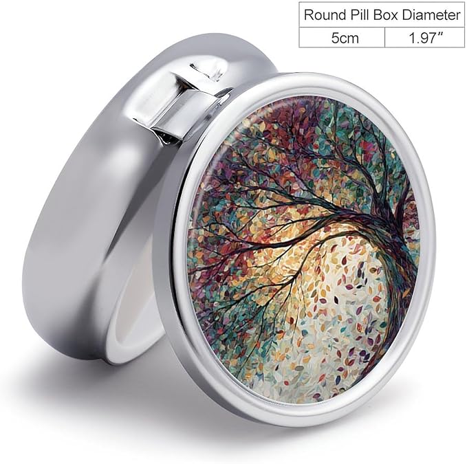 Transparent 3-Compartment Medicine Pill Case, Portable Round Pill Box for Pocket or Purse, Decorative Metal Medicine Vitamin Organizer. (The Tree)