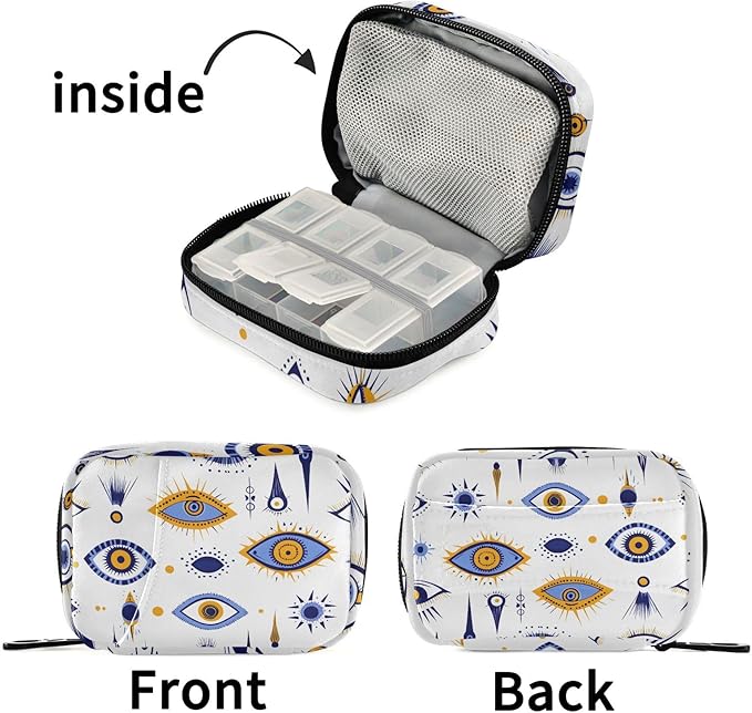 Pill Organizer Case Evil Eyes Pattern Print, Pill Box 7 Days Portable Weekly Pill Purse Pouch
