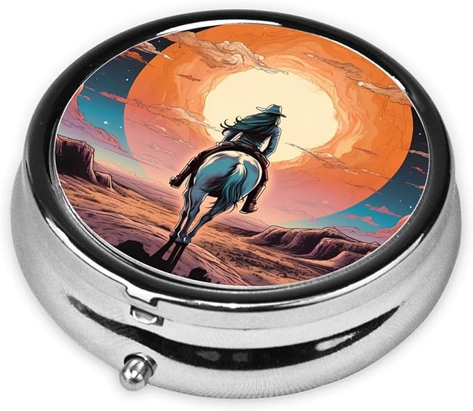 Retro Cartoon Cowgirl Sunset Pill Box 3 Compartment Pill Case, Portable Medicine Pill Organizer for Pocket Purse Pill Box Decorative Metal Medicine Vitamin Organizer