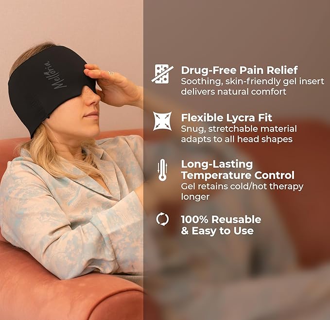 Migraine Relief Cap – Reusable Cooling Hat with Headache & Stress Relief | Soft, Stretchy Fit & Gentle Compression | Self-Care Essential Cold Gel Pack (Black)