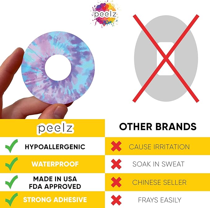 Peelz Libre 3 Adhesive Patch Tape - Compatible with Freestyle Libre 3 Sensor - Waterproof & Breathable Pre-Cut Patch - Skin-Friendly Cover Tape for Glucose Monitor - Pack of 15 (Tie-Dye)