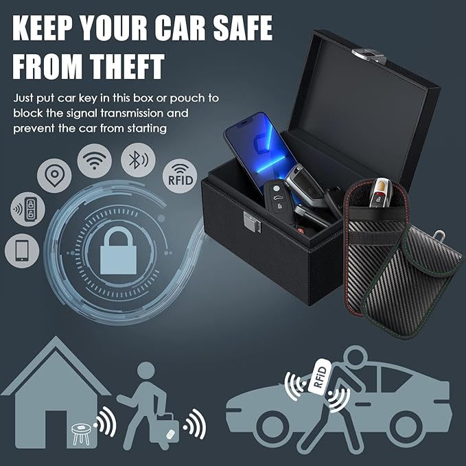 Faraday Box for Car Keys (Extra Large Size 19 x 12 x 9 cm) with 2 Pack Faraday Pouch for Car Keys, RFID Key Fob Protector Anti Theft Faraday Bags Key Fob Signal Blocker Car Key Signal Blocking Box