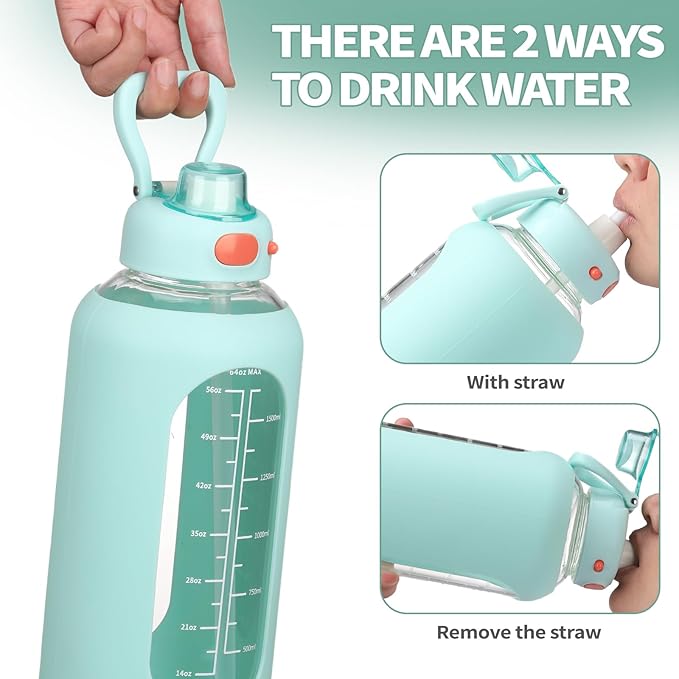 SIEROZUR 64 oz Glass Water Bottle with Straw and Handle Half Gallon Large Water Bottle with Silicone Sleeve and Time Marker Sports Water Jug Wide Mouth for Travel Gym