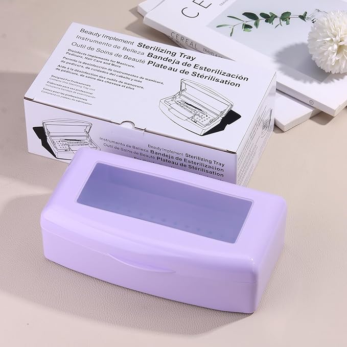 Nail Tool Sterilizer Box Plastic Disinfectant Container for Nail Art Accessories Tools, Sterilizer Soaking Box with Strainer Pedicure Manicure Cleaning Equipment, Purple