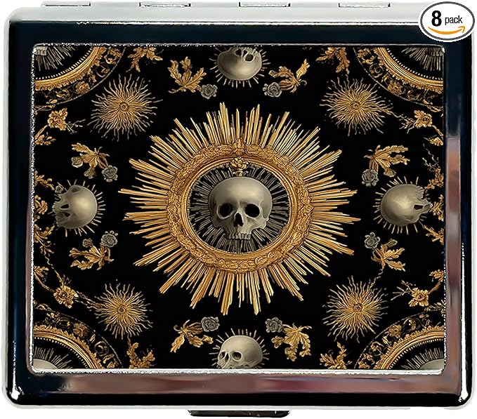 7 Days Chromed Shiny Silver Pill Organizer with Mirror Inside Has 8 Separate Compartments Rectangle,Versatile Storage for Medication - Ideal Travel Accessory (The Skeleton in the Center)