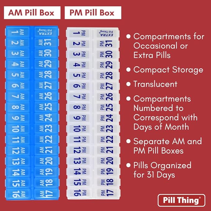 Twice-a-Day Monthly Pill Box Planner Set - AM & PM Medication Organizer for 31 Days! Set Contains 2 Organizers for One Month. (Clear/Blue - 31 Day AM/PM)
