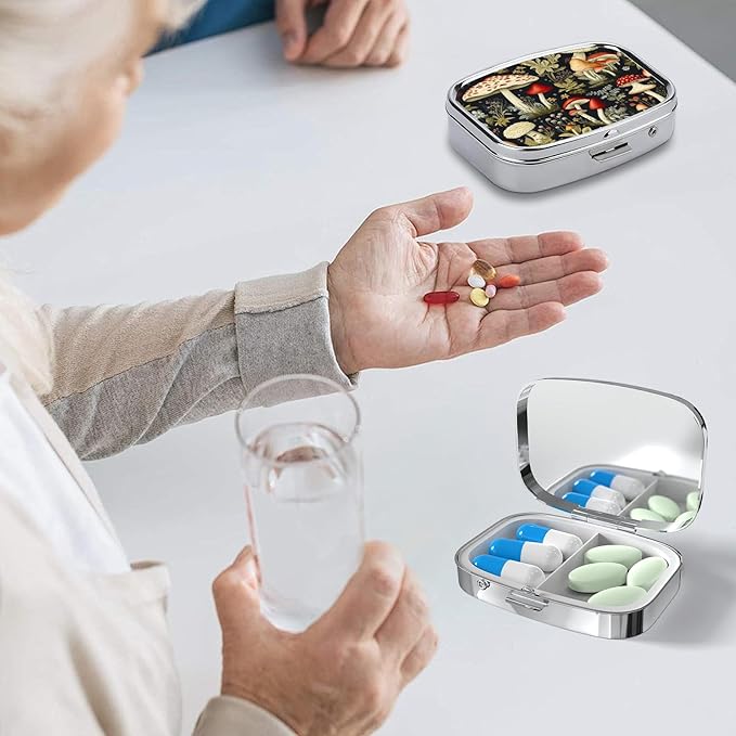 Pill Box-2 Compartment Small Pill Case Square Organizer Case with Mirror Portable Metal Medicine Box Travel Container for Pocket & Purse Women Men(Mushroom)