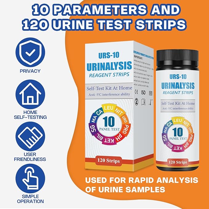 Urinalysis Test Strips - 120 CT | 10-in-1 Comprehensive Urinalysis for Microalbumin, Calcium, PRO, URO, NIT, LEU, SG, BIL, KET, pH | Home Urine Test Strips for Urinary Tract Infections