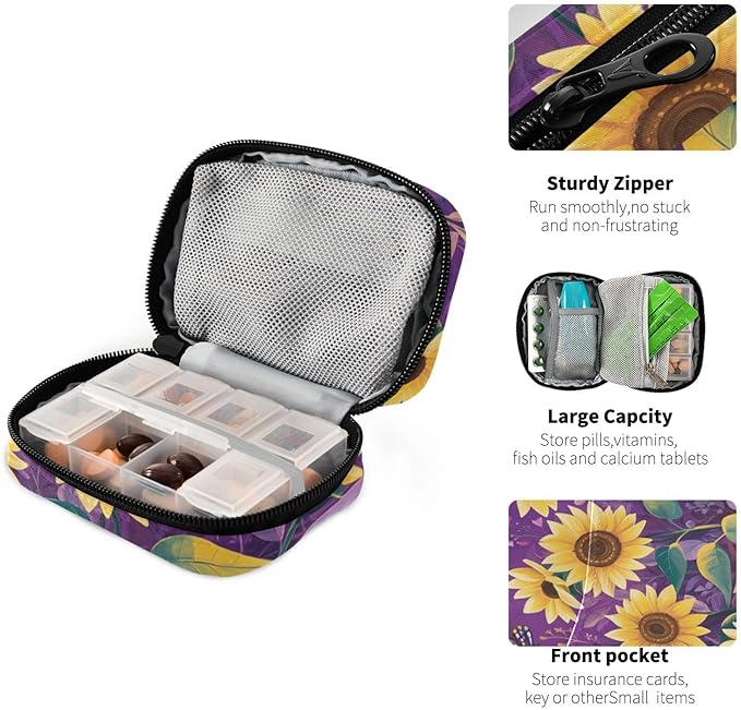 Purple Flower Sunflower Pill Organizer Box Case Container Weekly Travel Daily 7 Day Pill Dispenser Sorter Vitamin Holder Medication Medicine Organizer Case for Purse Small Compact Portable Cute