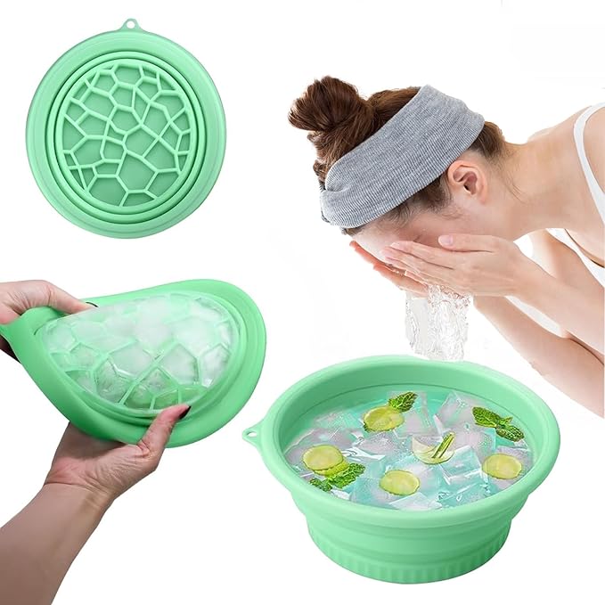Face Ice Bath Bowl Mold With Built-In Icetray, Portable Foldable Silicone Dipping Water Facial Cold Immersion Therapy Plunge Bowl for Face Ice Bath Holder for Home And Travel (Green)