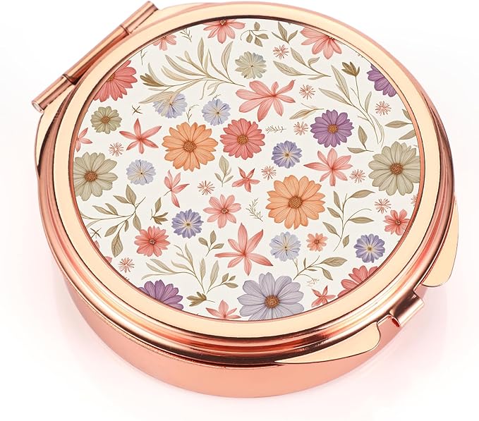 Dynippy Pill Case Pill Box with Mirror Pocket 3 Compartment Medicine Case Vitamin Pill Organizer for Pocket Purse and Travel (Round, Rose Gold-Wildflower Pattern)