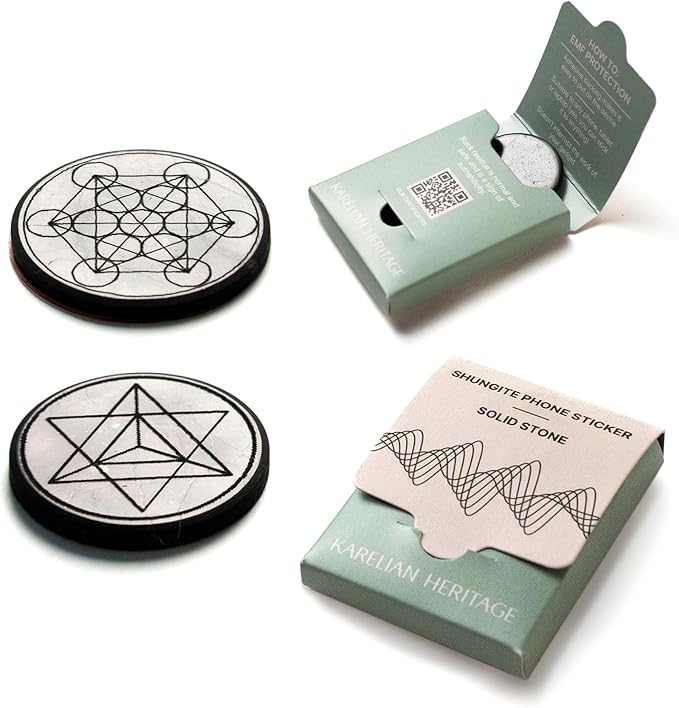 Cell Phone Protection Blocker Shungite Stickers 2 pcs Merkaba & Metatron Sacred Symbol Engraved | Round Sticker Plates for Gadget Smartphone Laptop | Polished Shungite Stone Plates S583