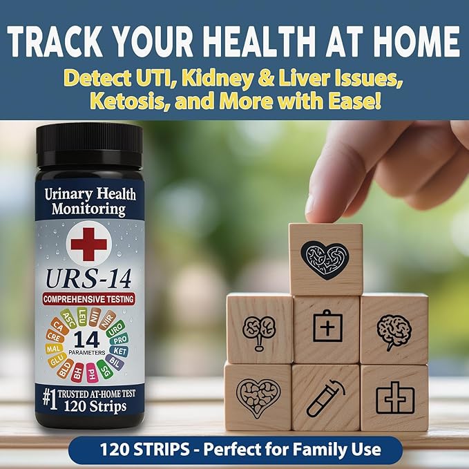 URS Urine Reagent Test Strip for 14 Parameters Urinalysis - Self Testing at Home in 60 Seconds for Men and Women PH, SG, Prot, KET, BLO, BIL, CRE, Kidney, Liver, UTI, Keto Diet, Ketosis, and +7 More