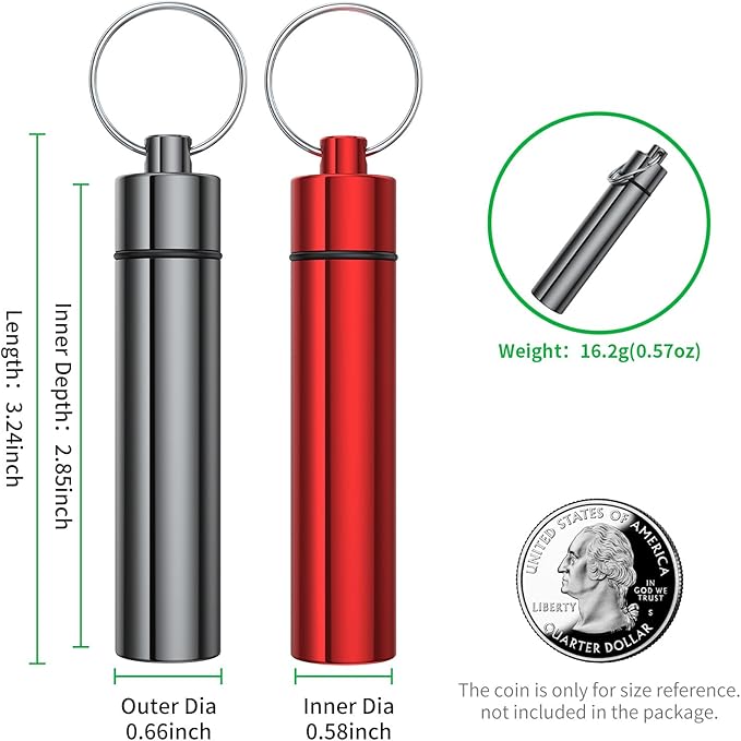 2 Pieces Metal Container with Keyring, Portable Waterproof Aluminum Travel Holder Mini Storage Bottle Case (Grey Red)