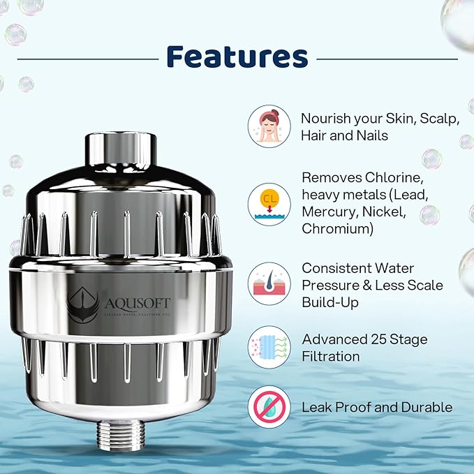 AQUSOFT 25-Stage Advanced Water Filter for Shower Head - Eliminates 99.9% Chlorine, Heavy Metals and Hard Water Impurities | Improves Skin, Reduces Eczema & Dandruff | Universal Fit Shower Head Filter