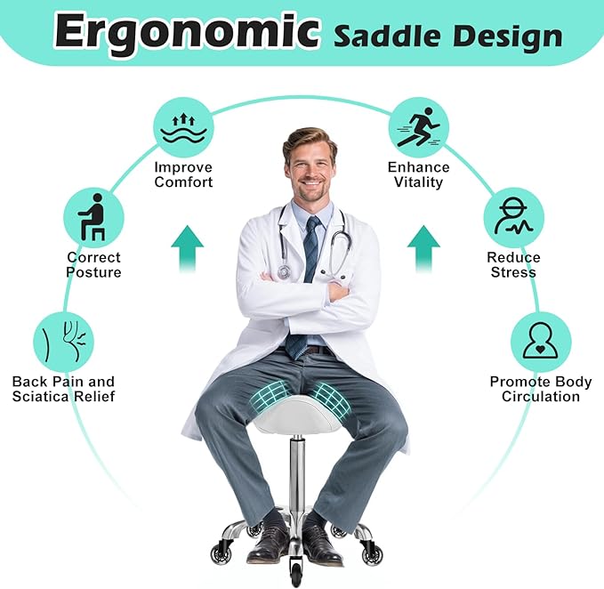 Ergonomic Saddle Stool with wheels - Upgraded Thicker Leather Seat Cushion, Healthy Posture Correction, Silky Smooth Gliding, Adjustable Rolling Saddle Stool Chair for Salon Medical Massage, White