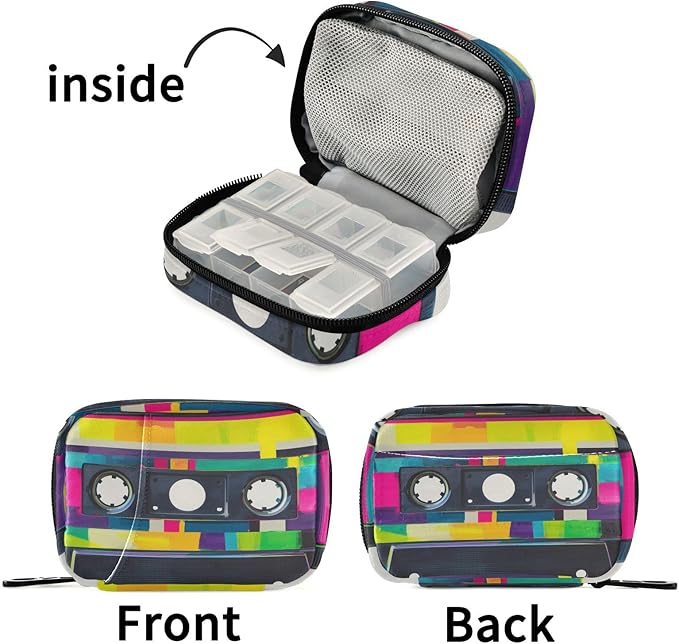 Audio Cassette Tape Pill Box 7 Day Pill Case Travel Pill Organizer Bag Container for Medicine with Zipper Portable Weekly Case Compact Size for Medicine, Vitamin, Supplement
