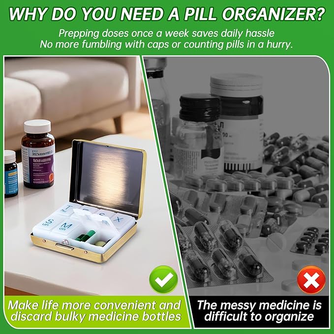 Portable Metal Travel Pill Organizer (7 Days a Week), Large Capacity 8 Compartments, BPA-Free (M-Antique Bronze, Medium)
