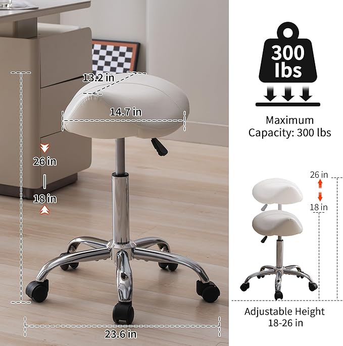 Saddle Stool, Swivel Saddle Stool with Wheels, Adjustable Rolling Stool 18"-26", Faux Leather Rolling Stool for Salon, Massage, Clinic, Lab, Office (White, 1PCS (18"-26"))