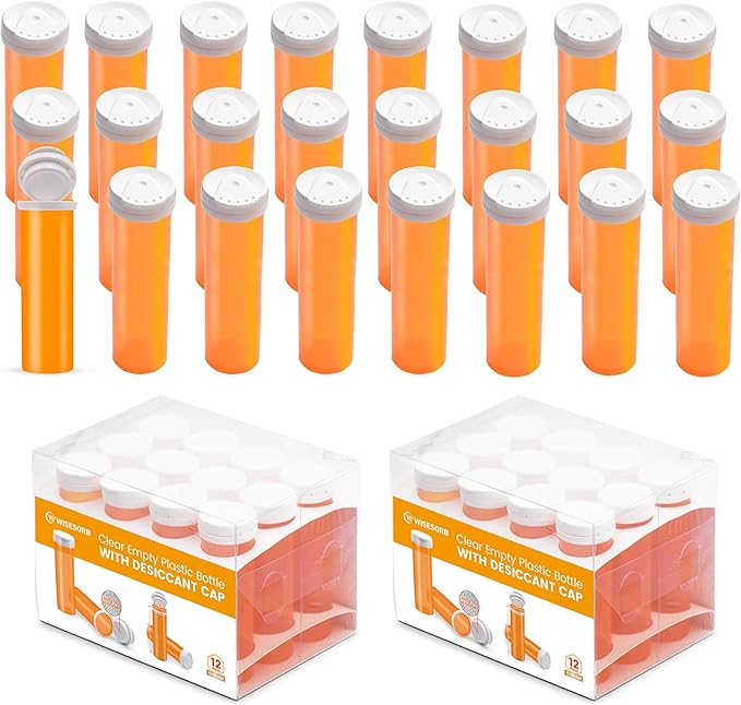 Pill Bottle with Desiccant Cap, Medicine Bottle, Pill Bottles Empty with Caps, Empty Pill Bottles (11 Dram, 24 Pack)