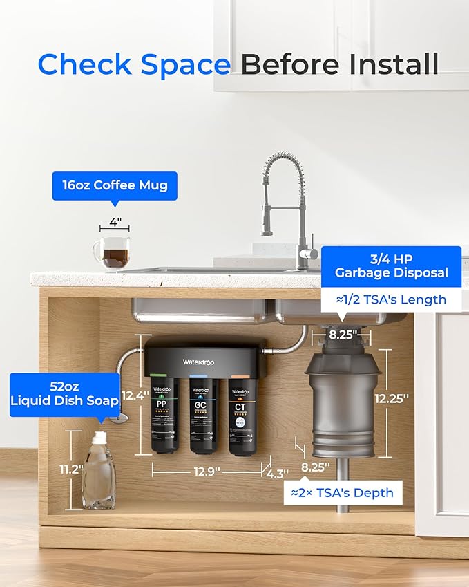 Waterdrop TSA 8 Layer Under Sink Water Filter System, Under Sink Water Filtration System, Reduces PFAS, PFOA/PFOS, Fluoride, Chlorine, Bad Taste & Odor, NSF/ANSI 42 Certified Element, USA Tech
