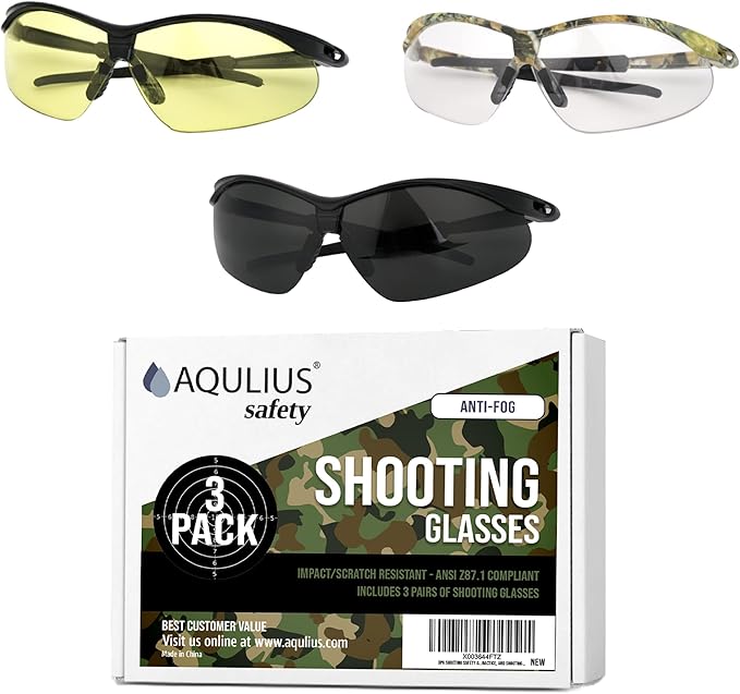 Aqulius 3pk Shooting Glasses - Safety Glasses - Eye Protection for Shooting Range, Tactical Shooting Goggles