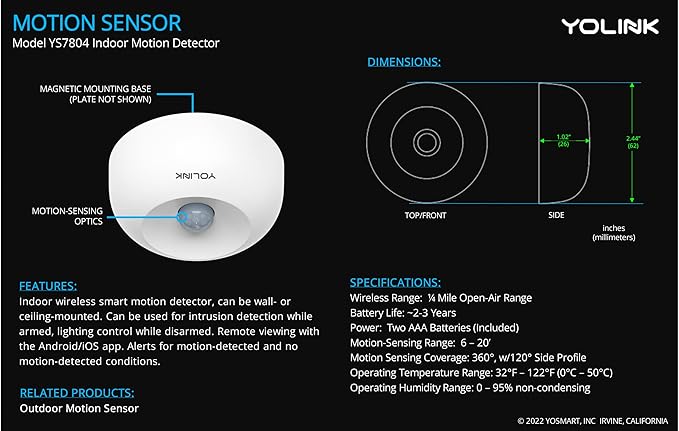 YoLink SpeakerHub & Two Motion Sensor Smart Home and Security Kit – Audio Hub Plays Tones/Sounds, Spoken Messages, LoRa-Powered ¼ Mile Range, WiFi Required