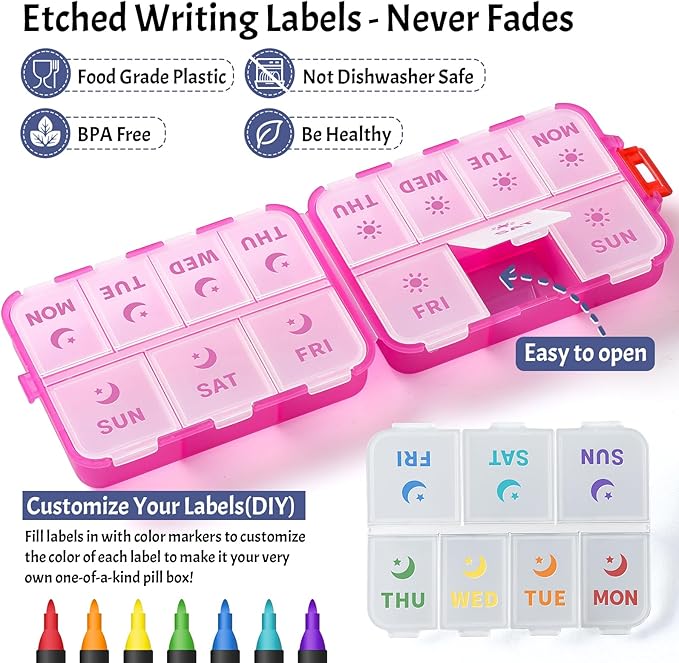 New Foldable & Double Protection Portable Weekly Pill Organizer 2 Times A Day with Etched Labels, AM PM 7 Day Week Medicine Box, Daily Travel Pill Case Dispenser for Vitamin, Supplement - Clear Pink
