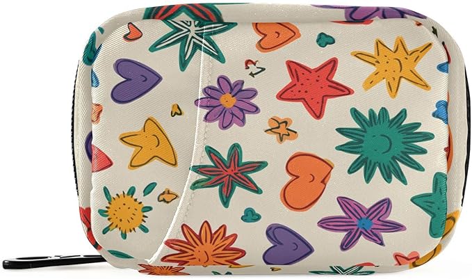 Beige Doodle Star Heart Rainbow Travel Pill Organizer Case Box Container Weekly Portable Vitamin Medicine Holder Storage Bag with Zipper Removable