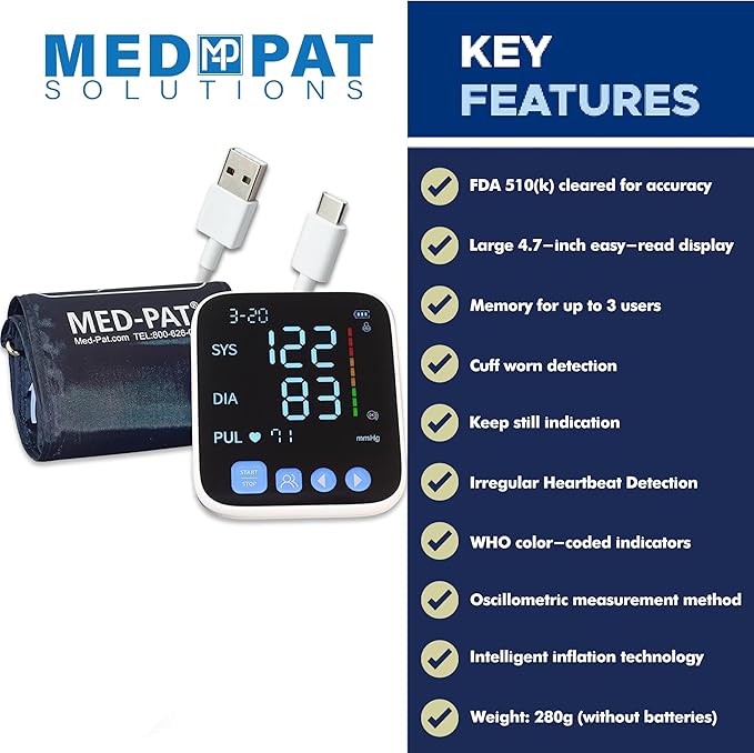 Med-Pat BP-S Arm Blood Pressure Monitor - 4.7" HD LCD Screen - 2 Users x 300 Memories Plus Guest Mode - Irregular Heartbeat Detection - Hold Still Indicator - Portable Square Design