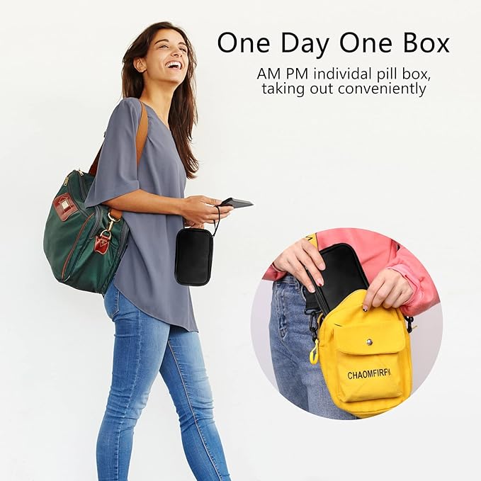 Weekly PU Leather Pill Bag Organizer Case 2 Times a Day, AM PM Daily Pill Box to Hold Vitamin, Fish Oil, Supplements and Medicine (Black)