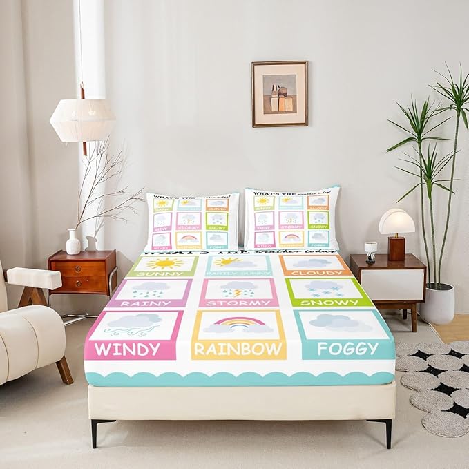 Feelyou Kids Educational Bed Sheet Set Full Size, Weather Bedding Set Learning Fitted Sheet Boys Girls Kindergarten Teens Bedroom Decor (2 Pillow Cases and a Fitted Sheet)