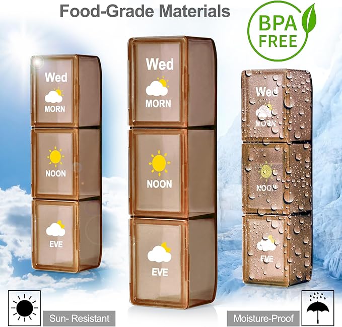 Pill Organizer 3 Times a Day, Daily Pill Box with Morning Noon Night Compartments, Portable Medicine Organizer for Travel, Work & Home (Brown)